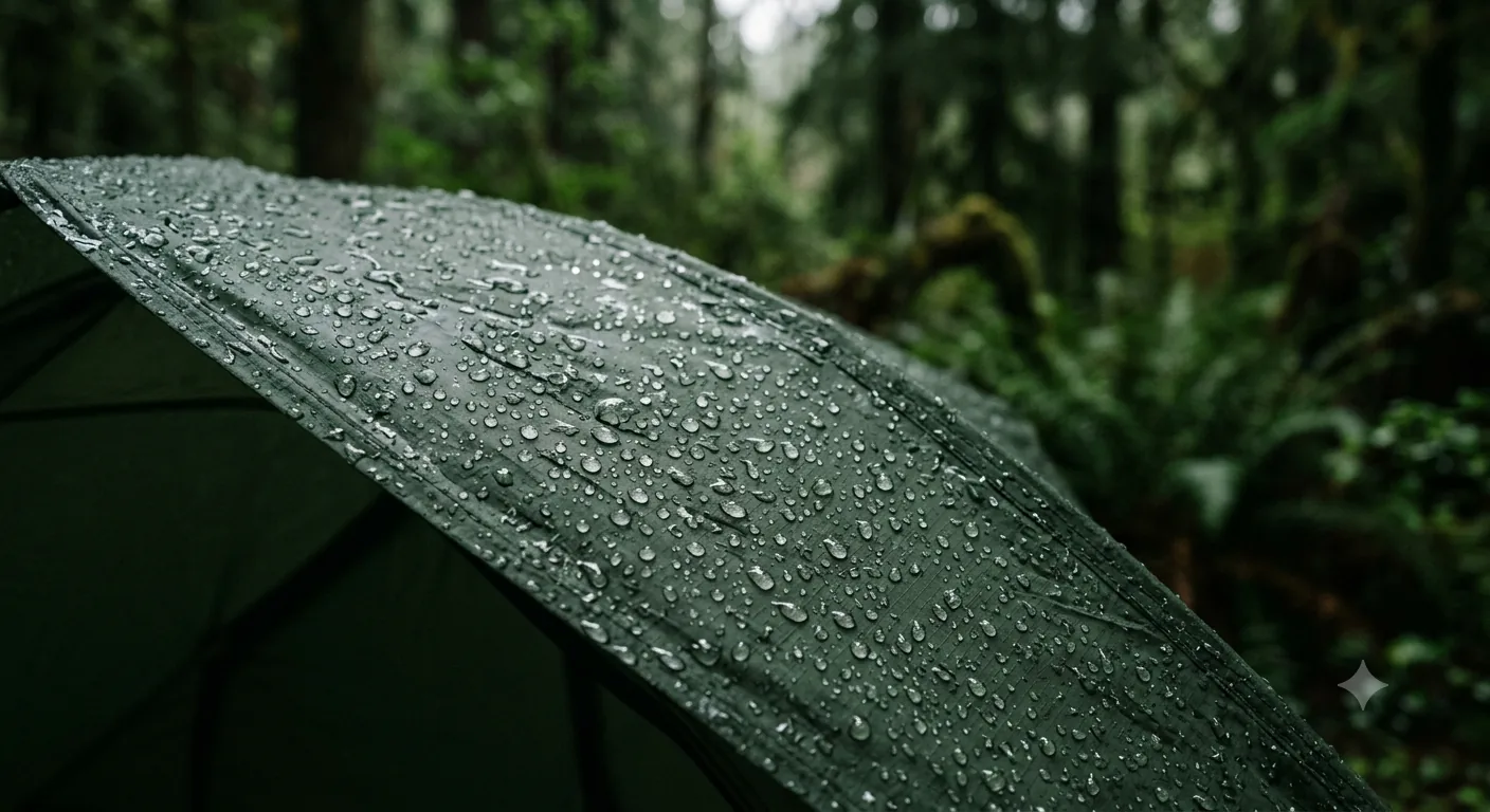 Close-up of rainwater beading into droplets on the taut, dark green fly of a tent pitched in a wet, mossy forest.