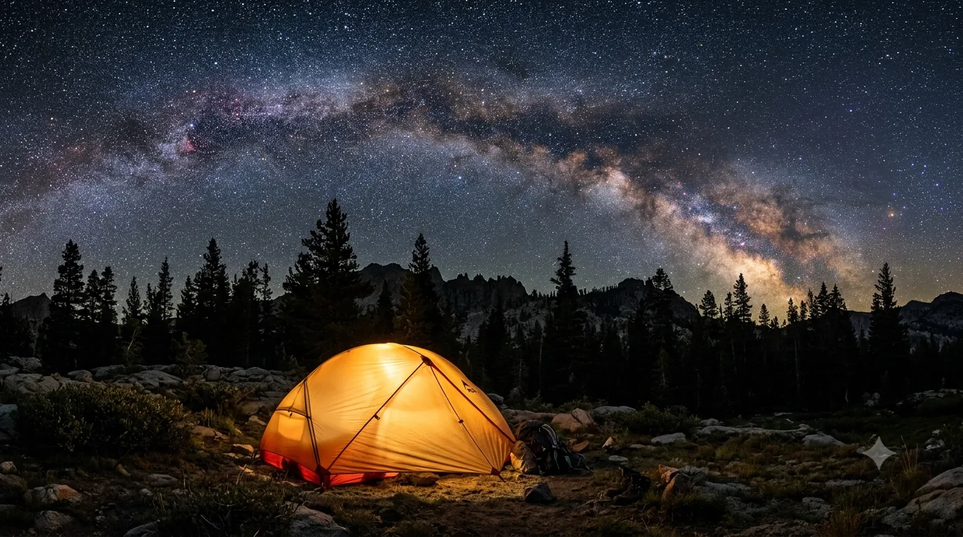 A dome tent glowing amber from within, pitched on a rocky alpine clearing at night beneath conifers, a jagged ridgeline, and the arc of the Milky Way.